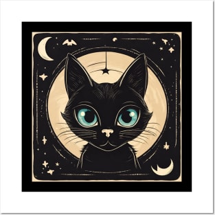 Halloween Black Cat Blue Eyes Posters and Art